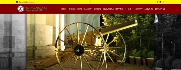 KEMCA UK — hero: King Edward Medical College Alumni Association, maroon navigation and fundraising slider