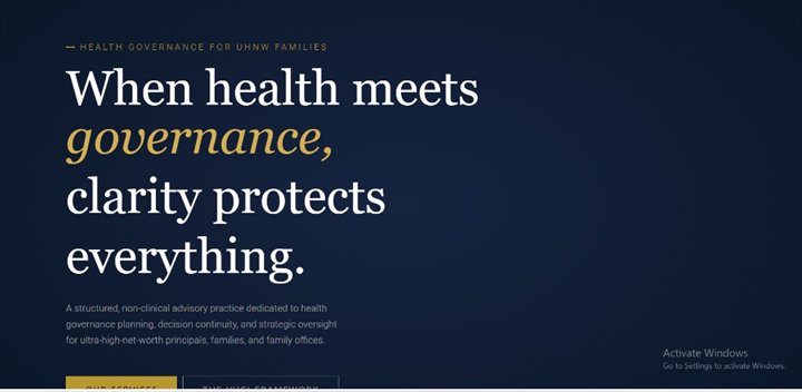 Vanguard Health Office — hero: health governance for UHNW families, navy and gold brand
