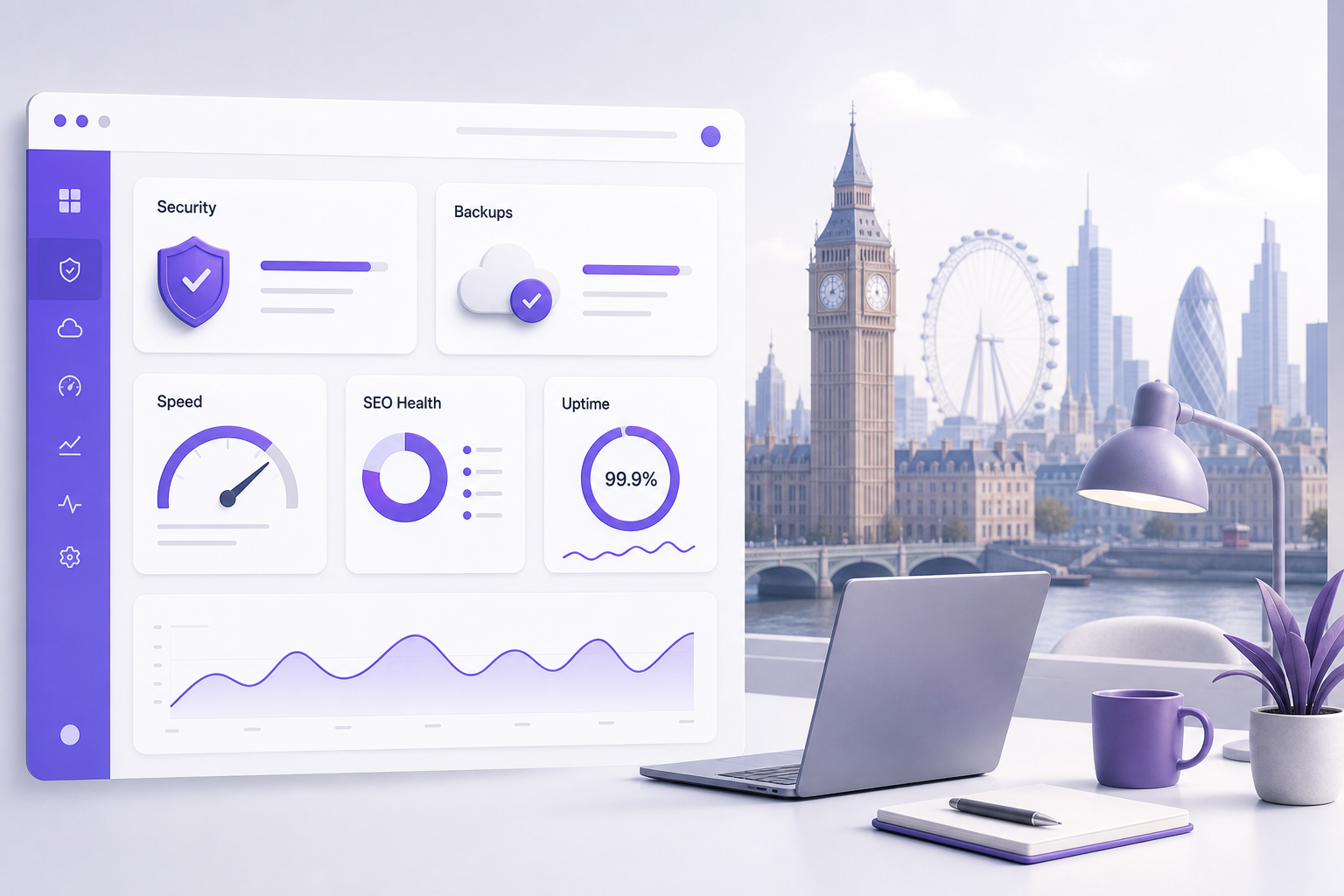 Website maintenance services UK dashboard showing security checks, backups, speed monitoring and SEO health for small businesses