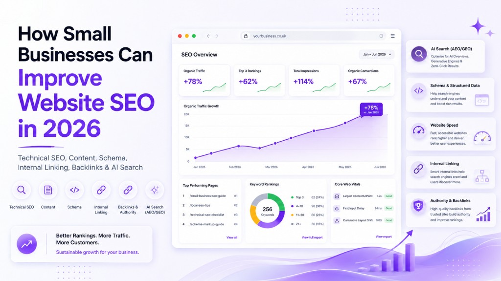 How small businesses can improve website SEO in 2026 with technical SEO, content, schema, internal linking, backlinks and AI search