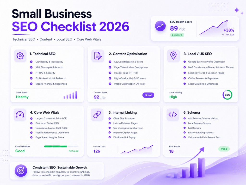 Small business SEO checklist for 2026 covering technical SEO, content optimisation, local SEO, Core Web Vitals, internal linking and schema